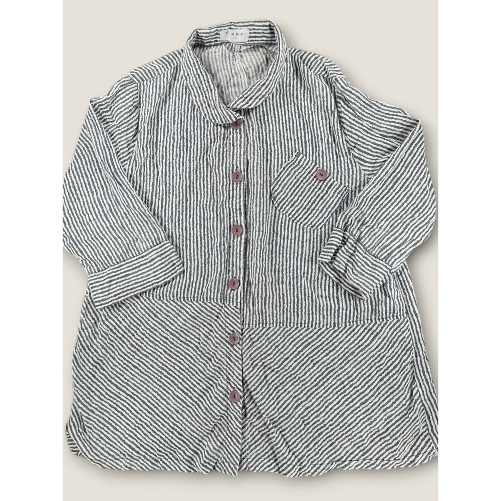 Terra SJ Apparel Womens Mixed‎ Stripe Button Down Tunic Top Crinkle Shirt M